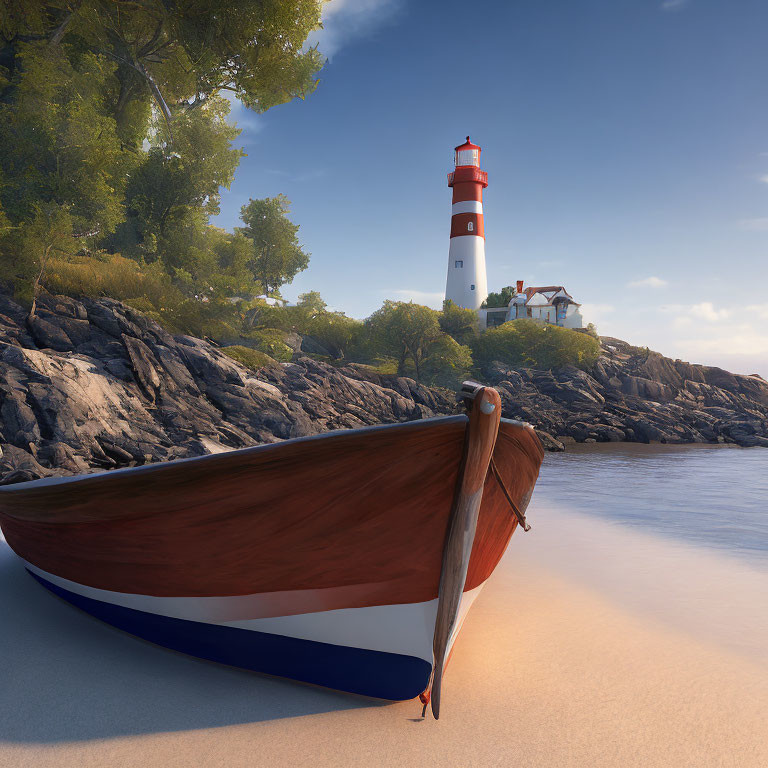 Tranquil beach with wooden boat, lighthouse on rocky cliff