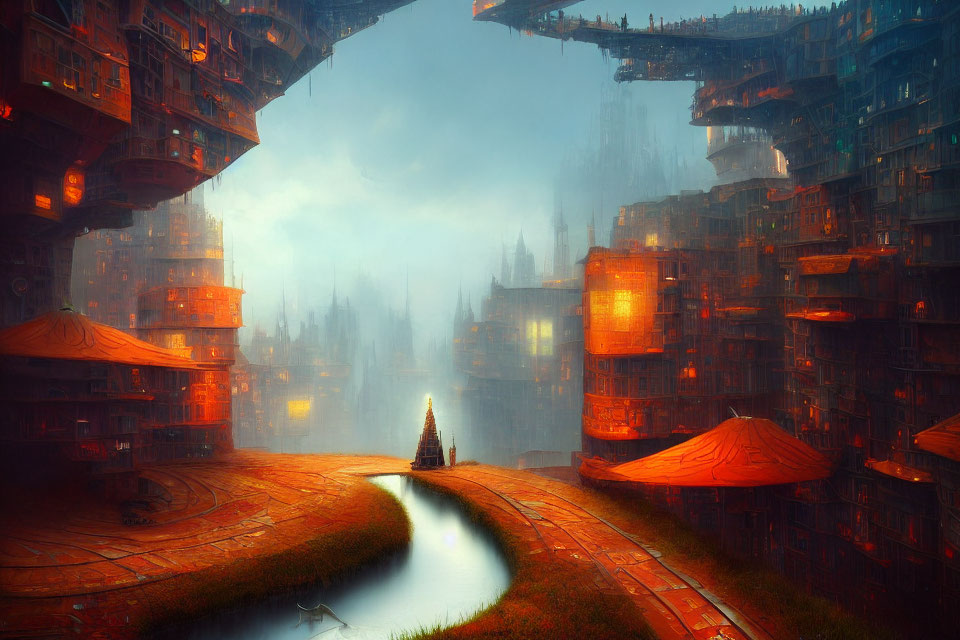 Surreal dystopian cityscape with interconnected structures, canal, and orange tents