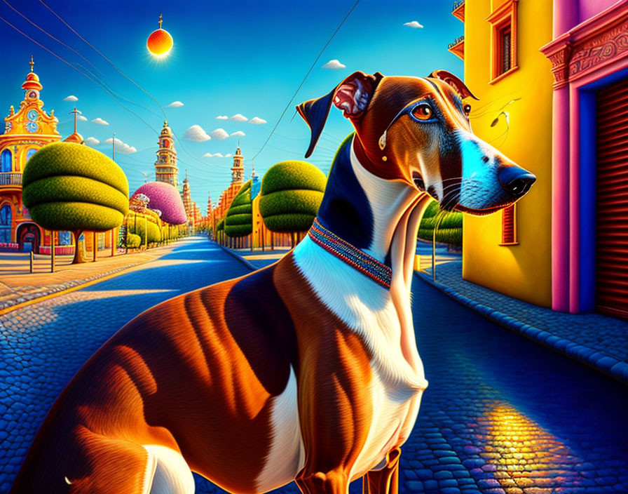 Colorful Illustration: Attentive Dog in Surreal Street