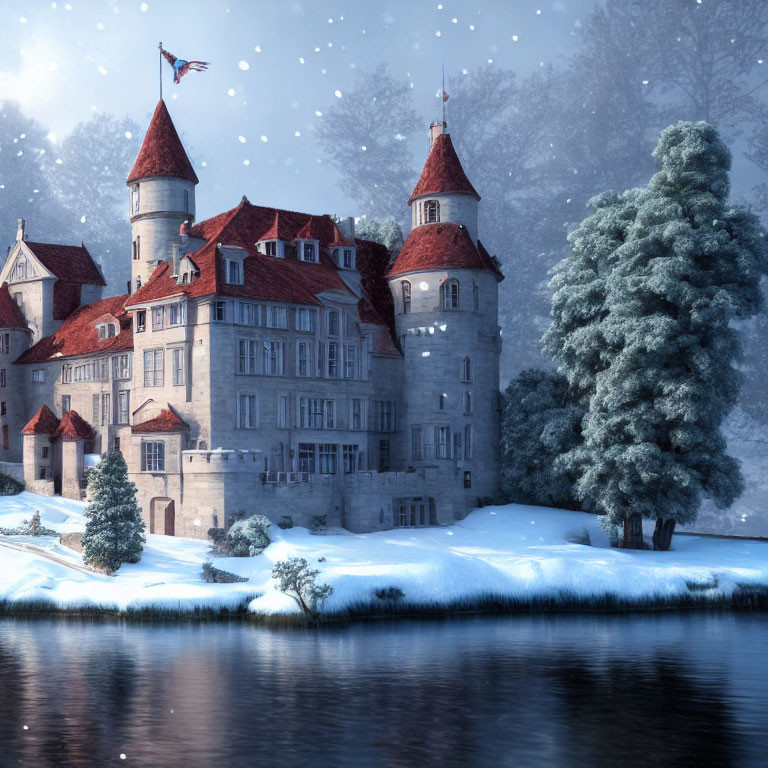 Snow-covered castle by tranquil lake in winter twilight