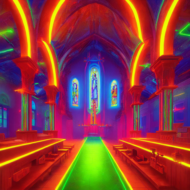 Colorful Stained Glass Windows in Neon-Lit Church Interior