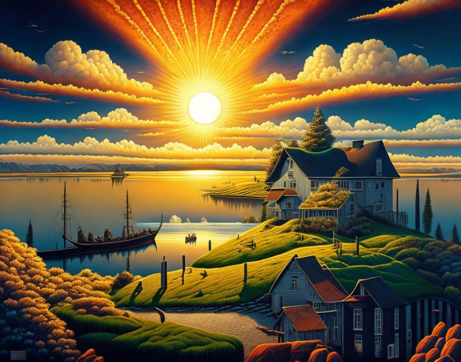 Vibrant sunset over surreal landscape with house, boat, and rolling fields