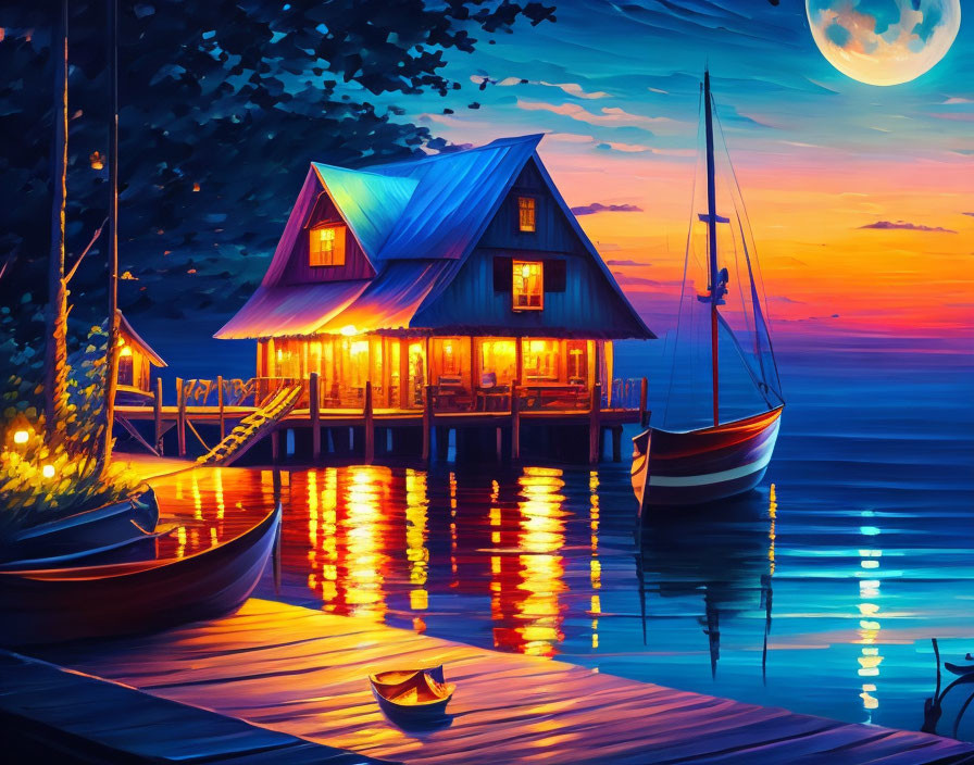 Scenic lakeside cabin at dusk with boat and moonlit sky