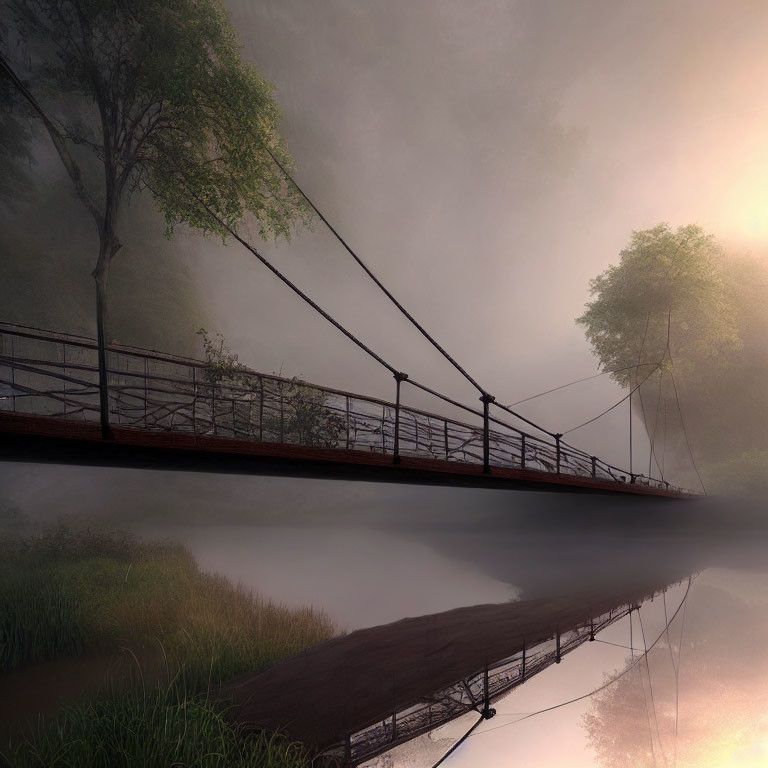 Foggy suspension bridge over calm river with reflection