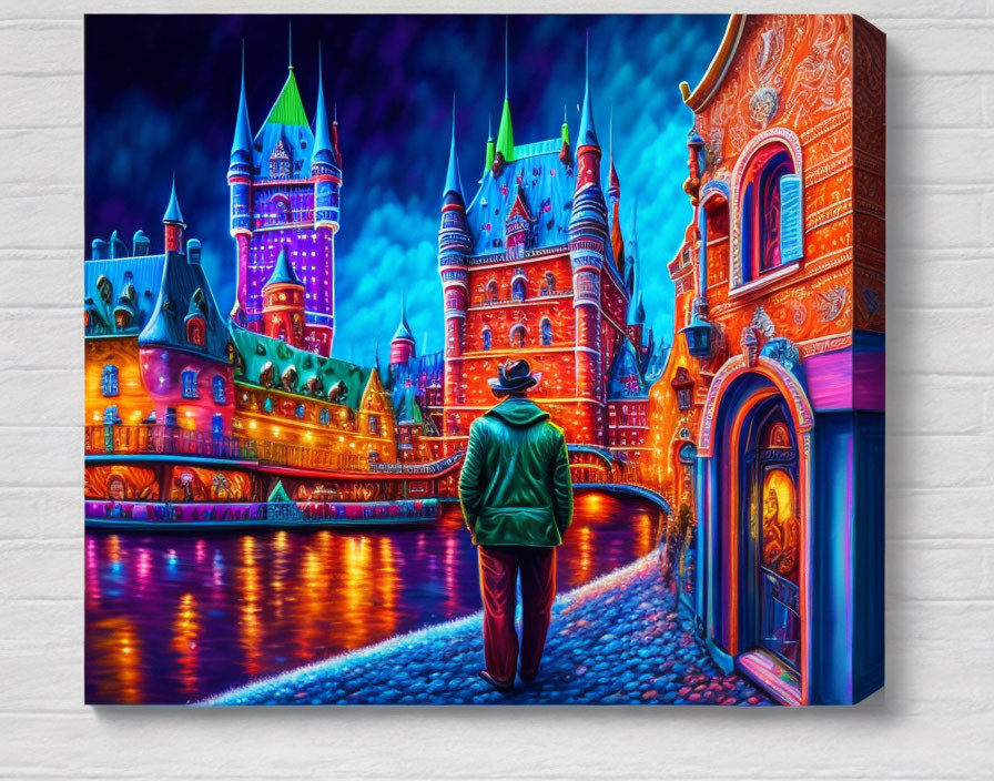 Colorful painting: Person in hat gazes at illuminated castle by water