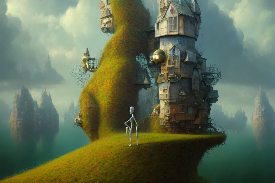 Surreal landscape with whimsical house on grassy hill