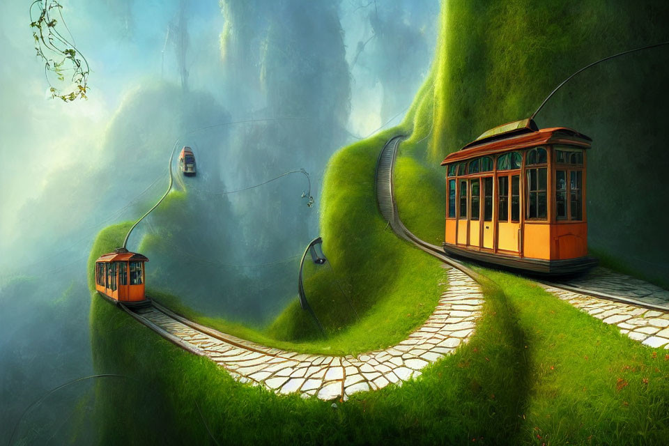 Vintage Trams on Curved Tracks in Whimsical Landscape