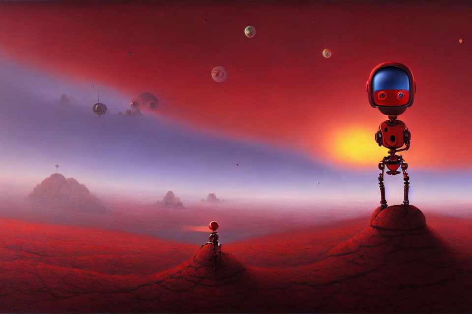 Robots on reddish alien landscape with vibrant sky