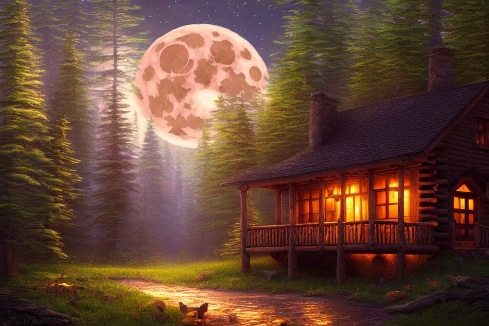 Cozy log cabin nestled among tall pines under glowing moon