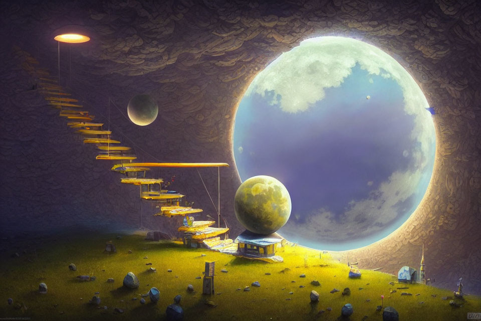 Surreal landscape with moons, glowing staircase, hut, and rocks under twilight sky