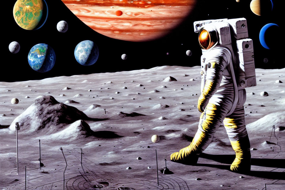 Astronaut in white spacesuit on moon with vibrant solar system and planets.