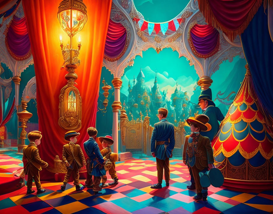 Vibrant circus scene with striped tent, checkered floor, and ornate lanterns