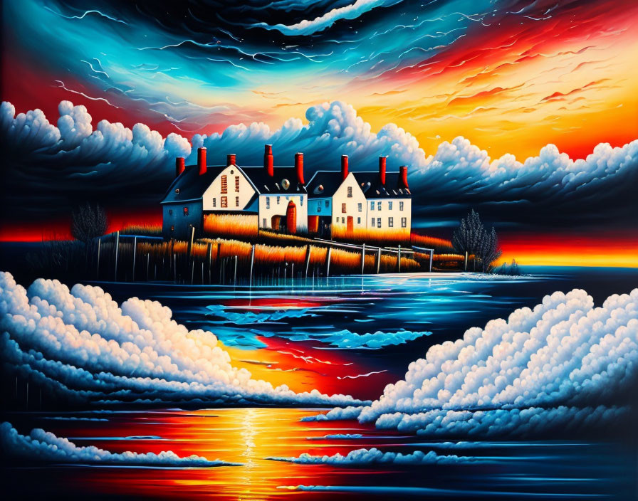 Colorful painting of houses under dramatic sky and reflective water