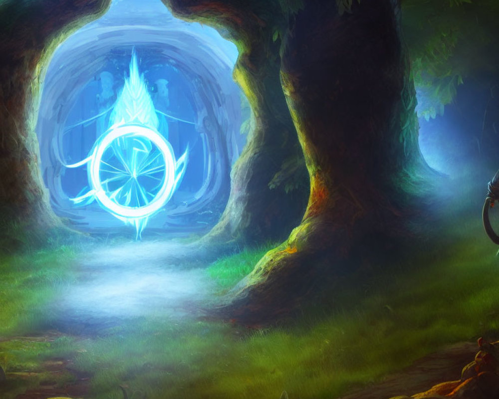 Blue Glowing Symbol at Forest Path Entrance Sparks Mystical Aura