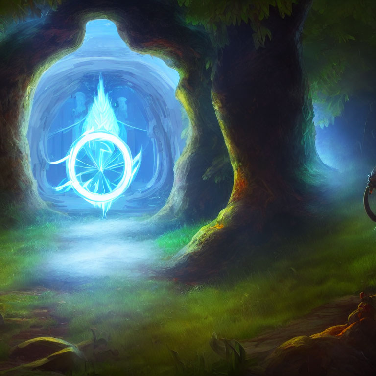 Blue Glowing Symbol at Forest Path Entrance Sparks Mystical Aura