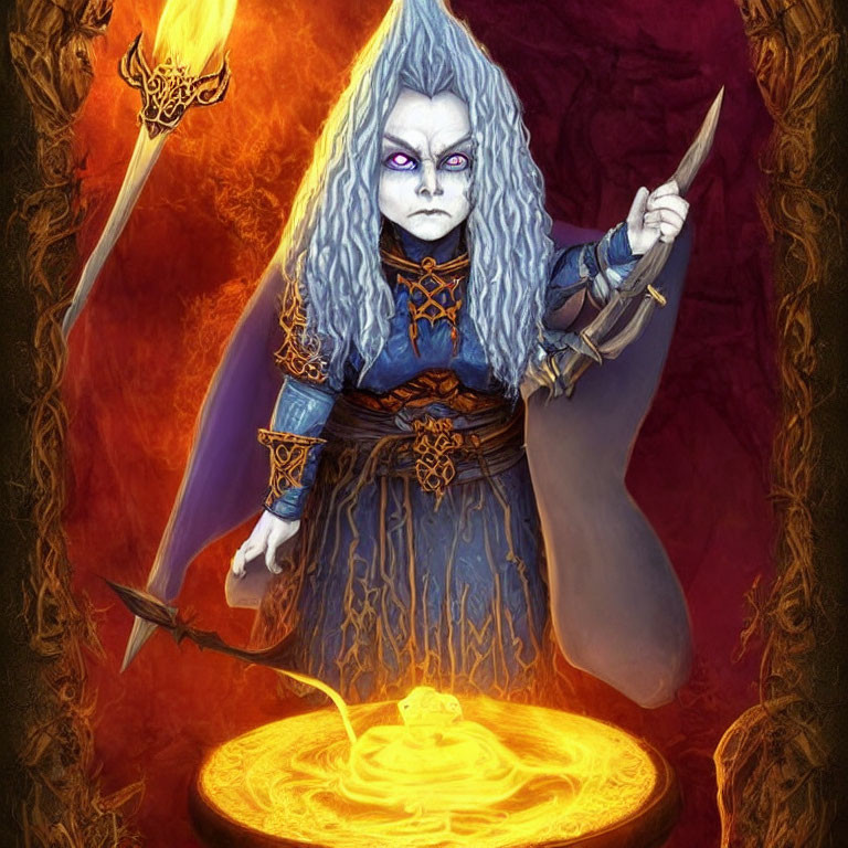 Fantasy sorceress with purple skin and white hair casting a spell