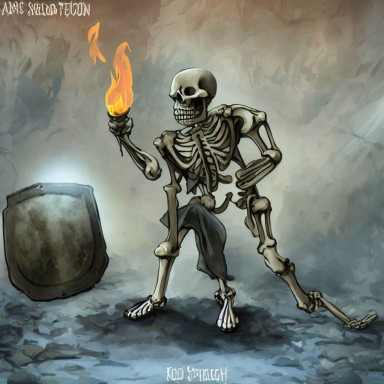 Skeleton with torch and shield in misty setting