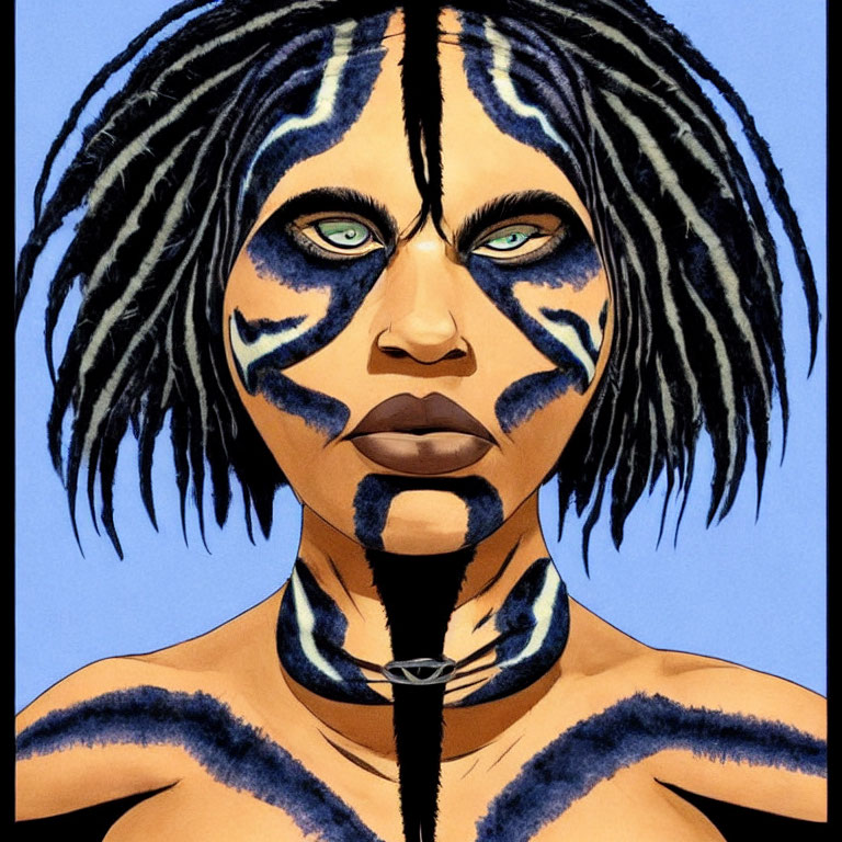 Digital illustration: Person with green eyes, tribal face paint, dreadlocks, and choker on blue