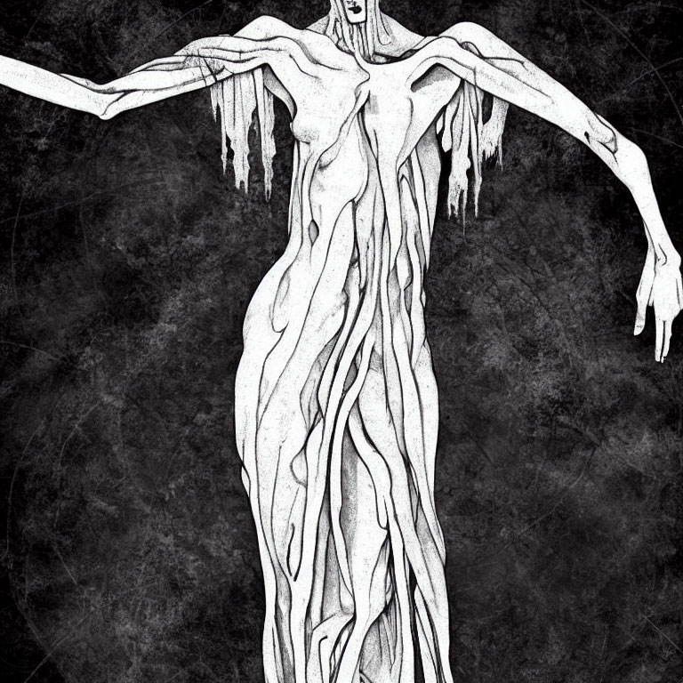 Monochrome humanoid figure with elongated limbs and root-like textures on dark background