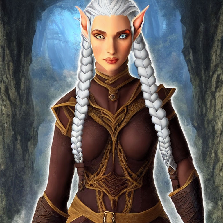 Elf with White Braided Hair in Brown Leather Armor Forest Scene