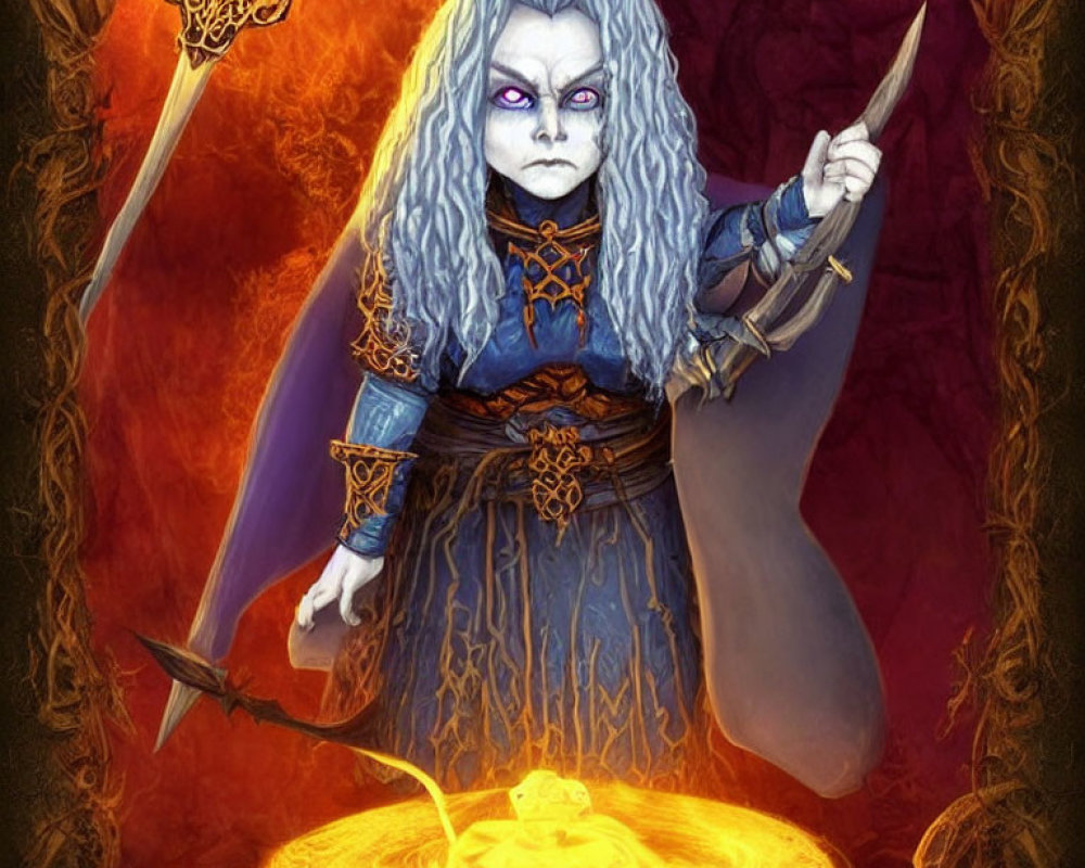 Fantasy sorceress with purple skin and white hair casting a spell