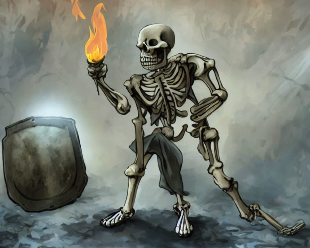 Skeleton with torch and shield in misty setting