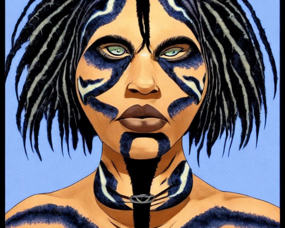 Digital illustration: Person with green eyes, tribal face paint, dreadlocks, and choker on blue