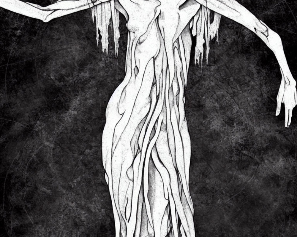 Monochrome humanoid figure with elongated limbs and root-like textures on dark background