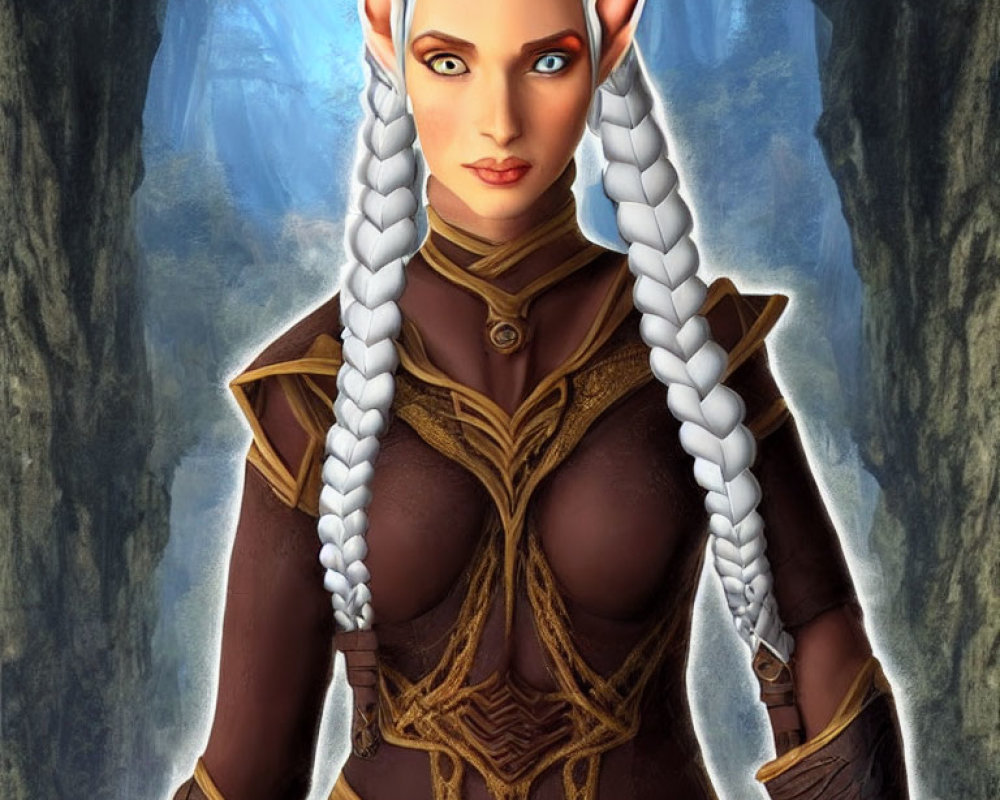 Elf with White Braided Hair in Brown Leather Armor Forest Scene