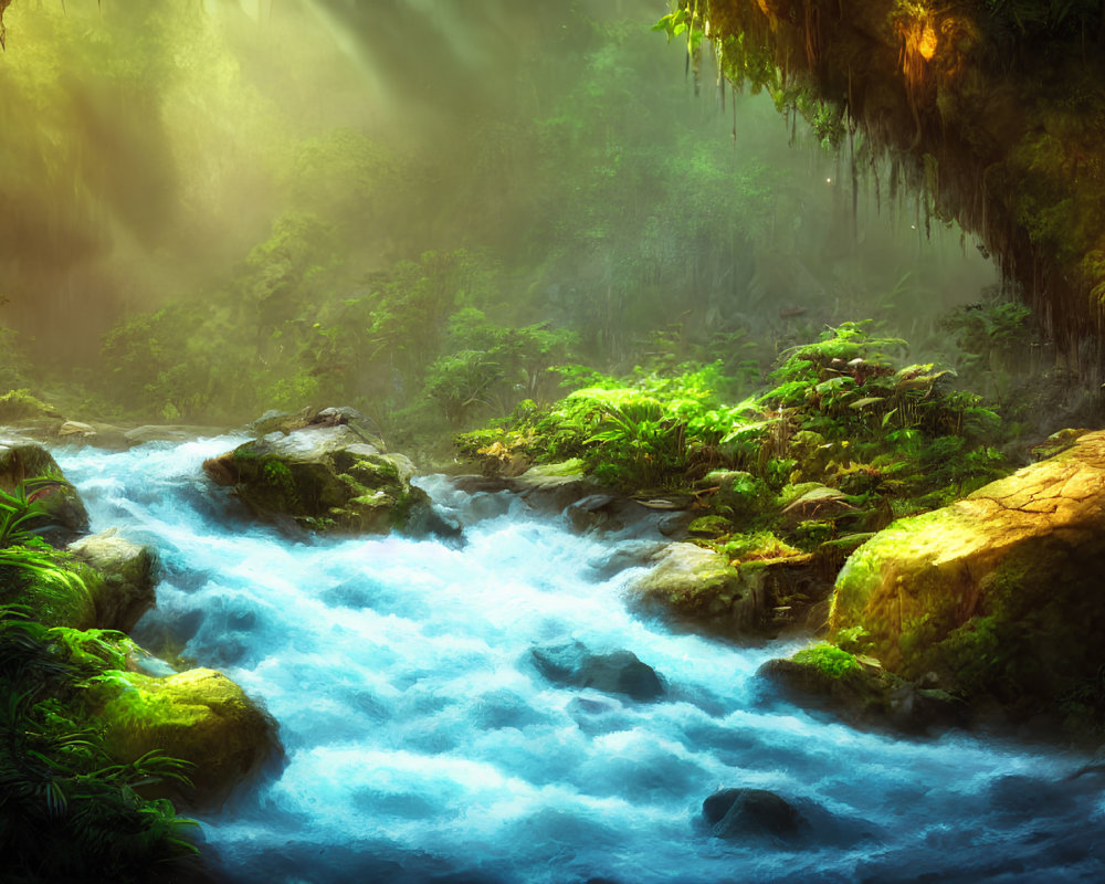 Tranquil river in lush forest with sunbeams and green foliage