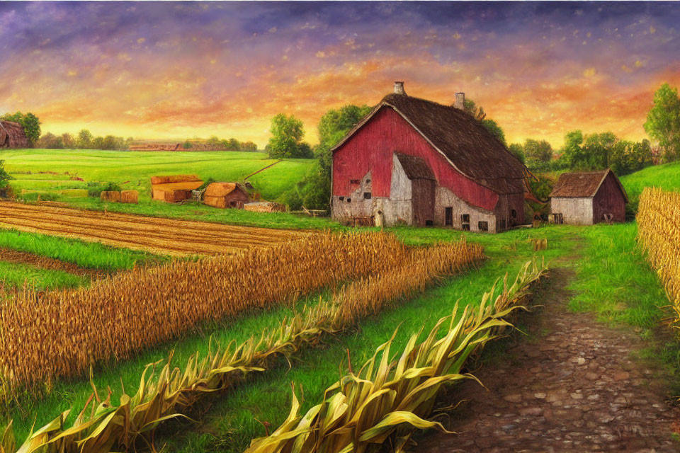 Rural Scene with Red Barn, Golden Fields, and Sunset Sky