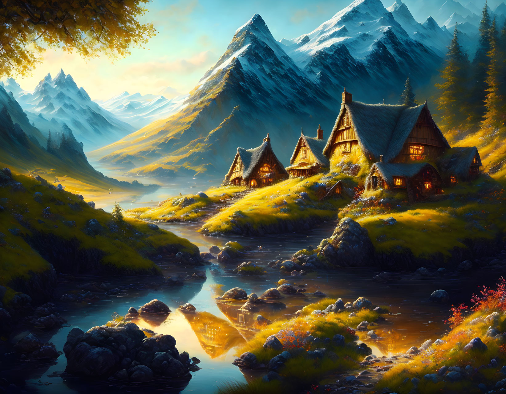 Serene sunset mountain landscape with cozy cottages, river, autumn foliage, snow-capped peaks