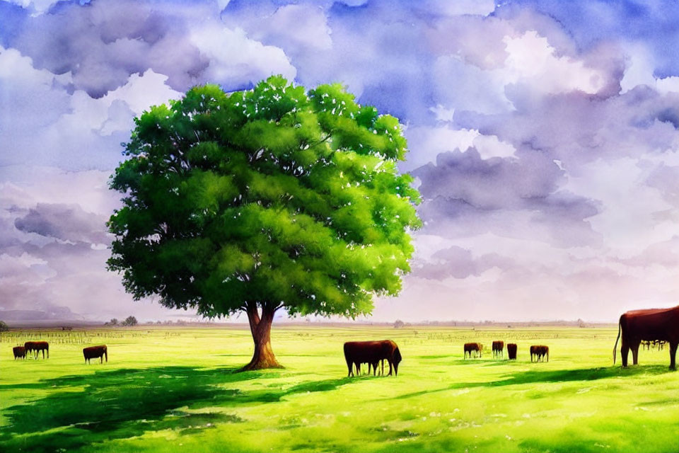 Tranquil landscape with green tree, grazing cows, and vast sky