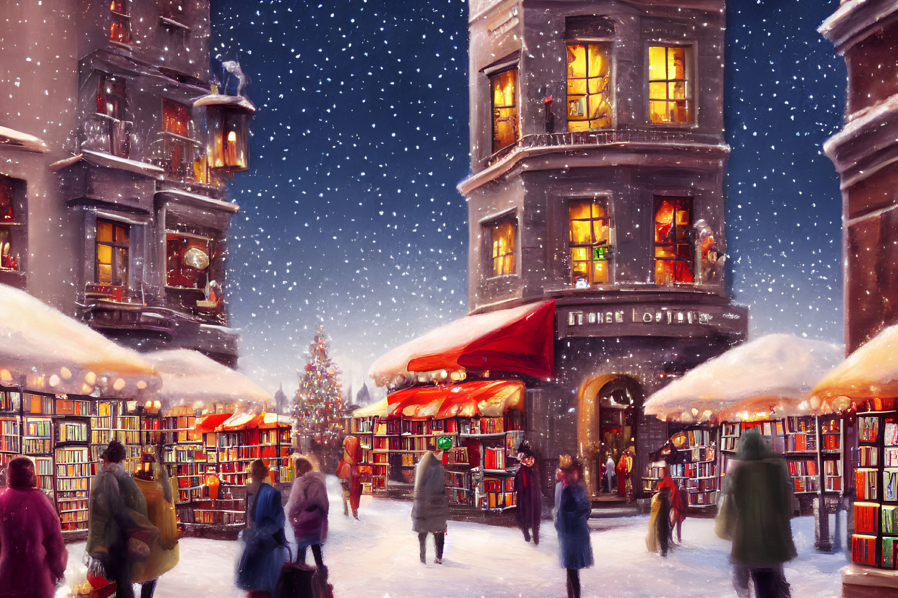 Snowy Street Scene with Bookshelves and Christmas Tree