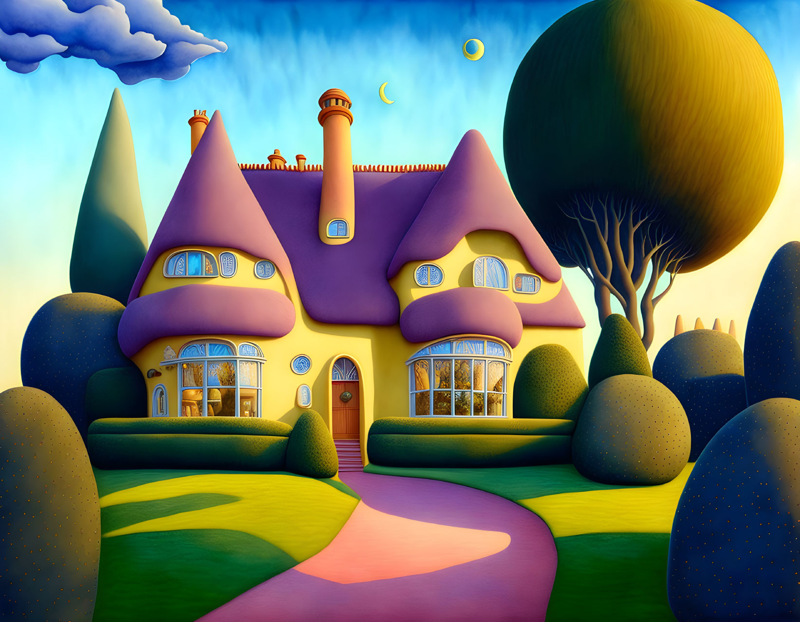 Whimsical surreal pink house painting with vibrant sky