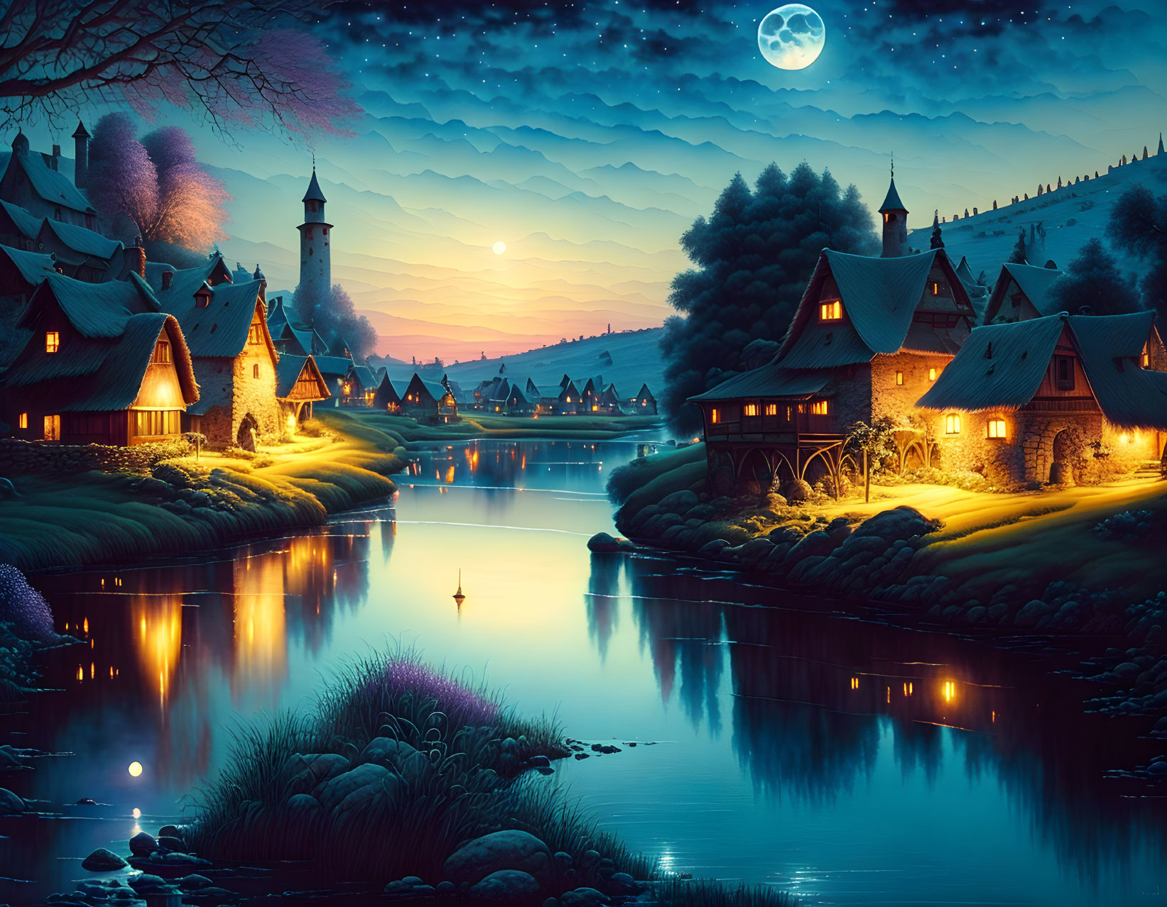 Fantasy village at twilight with illuminated houses by river