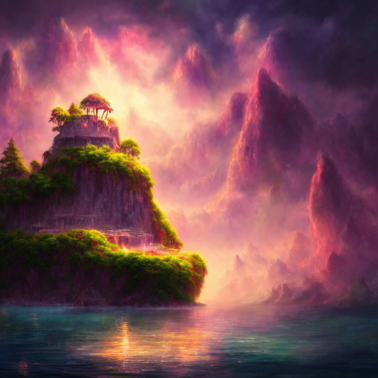 Mystical landscape with luminous sky, secluded island, gazebo, purple mountains, tranquil waters