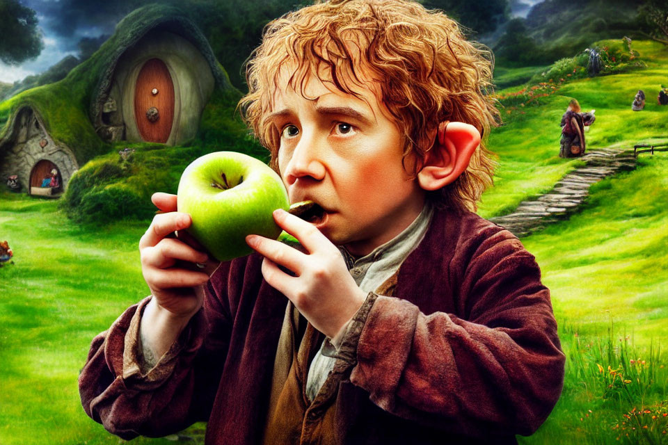 Pointed Eared Character with Green Apple in Fantasy Landscape