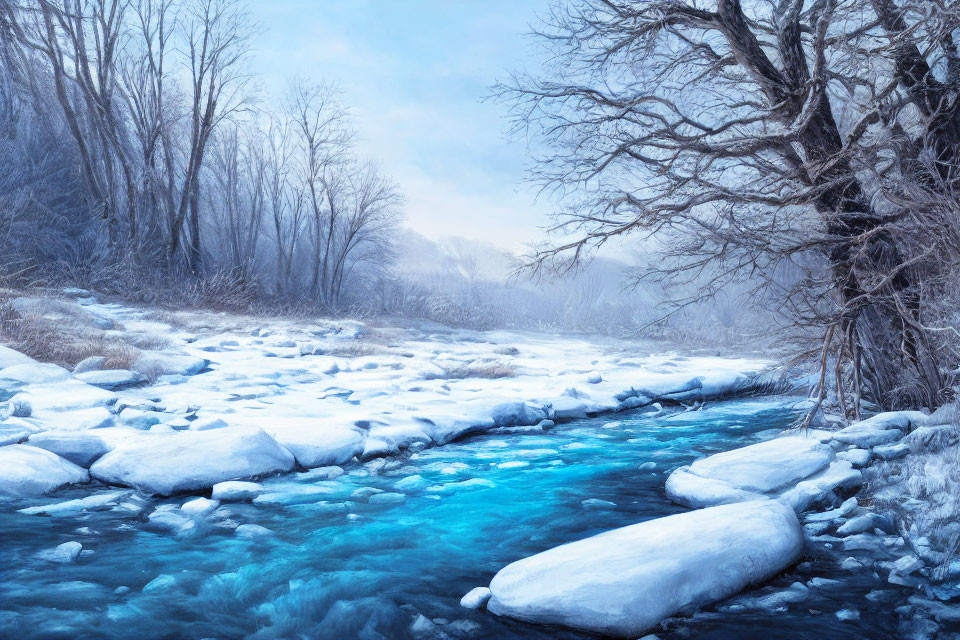 Snow-covered winter landscape with frozen river and bare trees