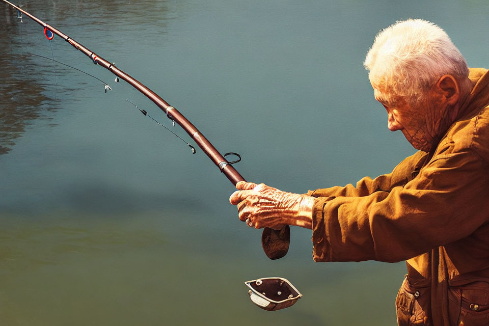 Elderly person fishing by tranquil water with bent rod