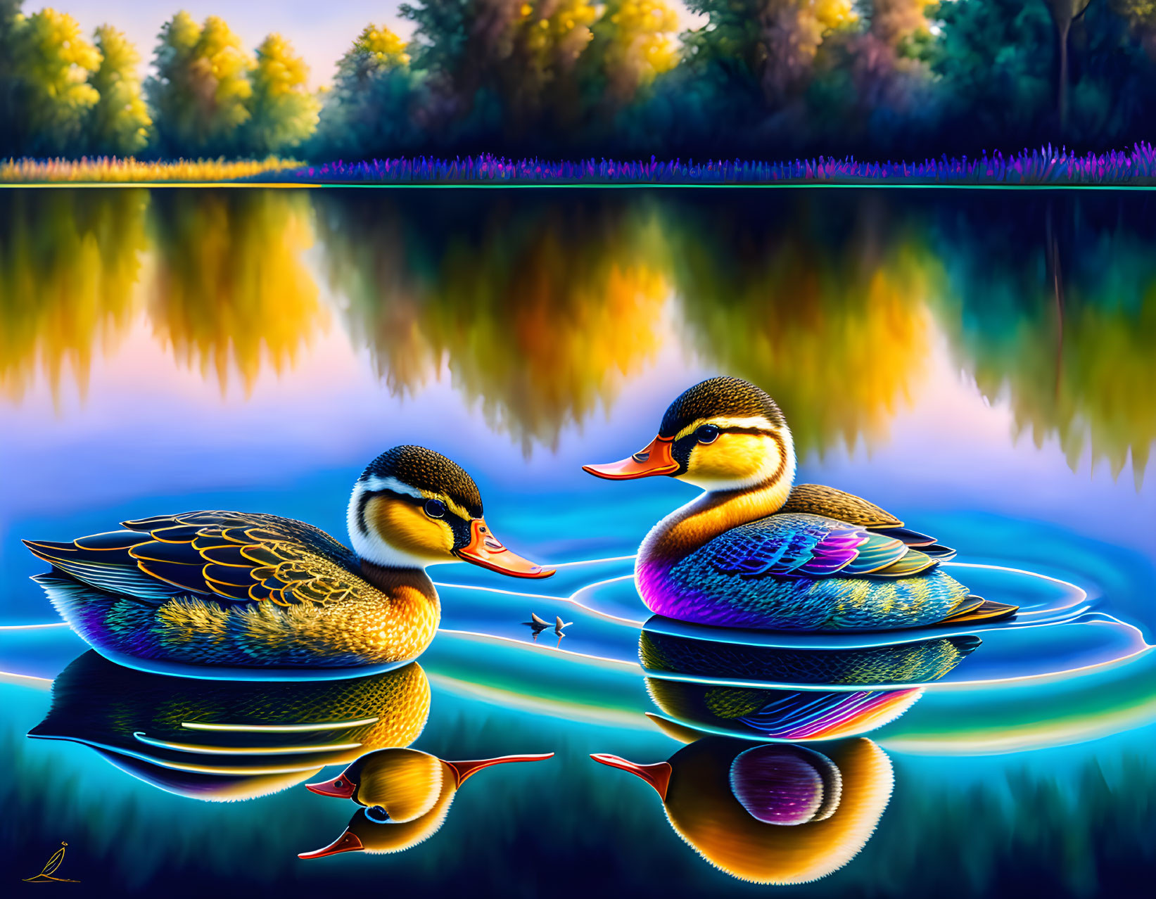 Colorful Ducks on Tranquil Lake with Vibrant Forested Shoreline at Dusk