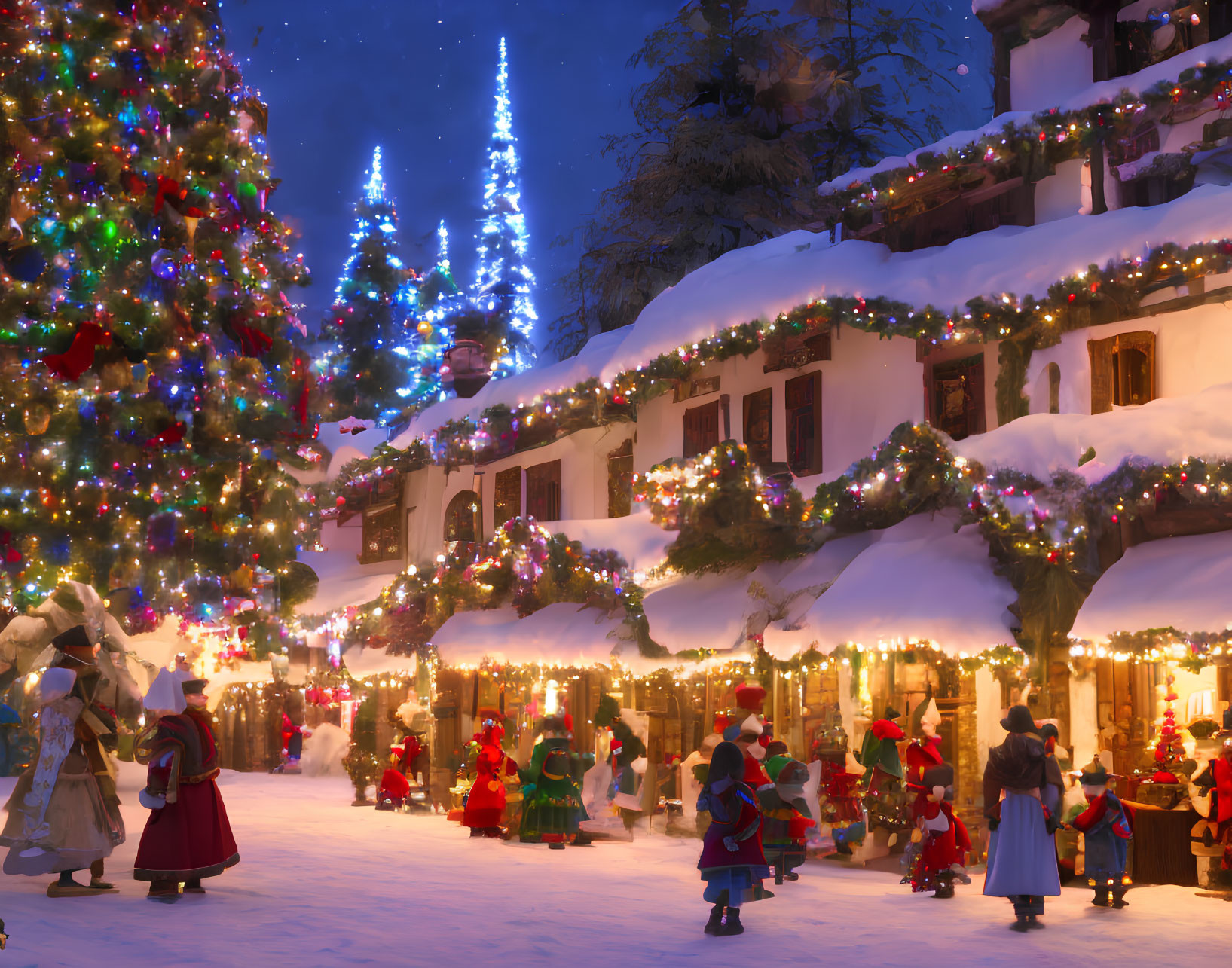 Vintage Christmas village scene with snow-covered houses and festive decorations.