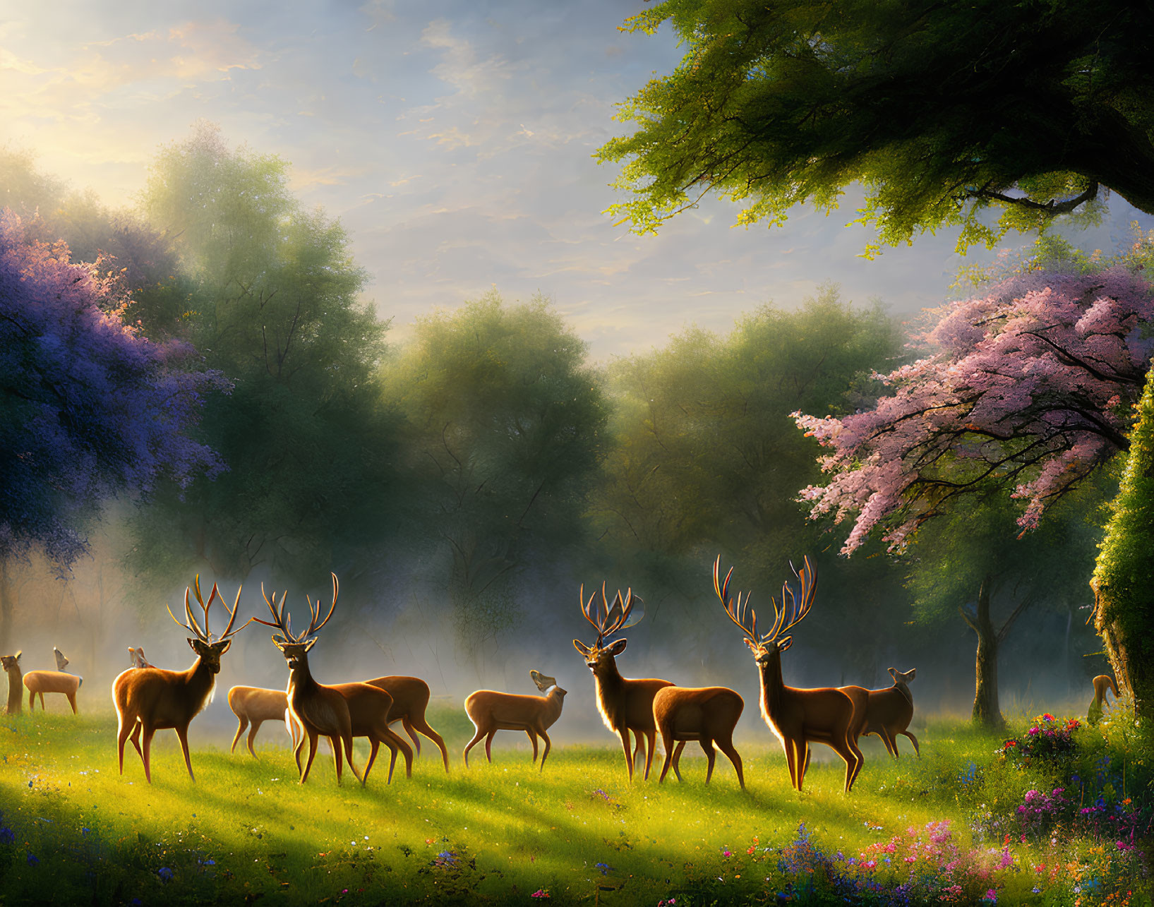 Tranquil forest landscape with deer and flowering trees