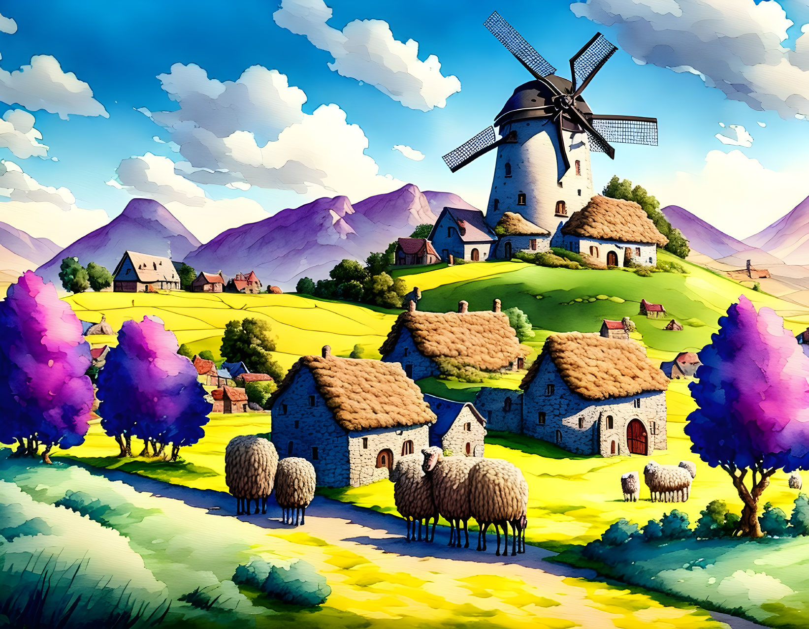 Colorful pastoral scene with windmill, cottages, purple trees & rolling hills