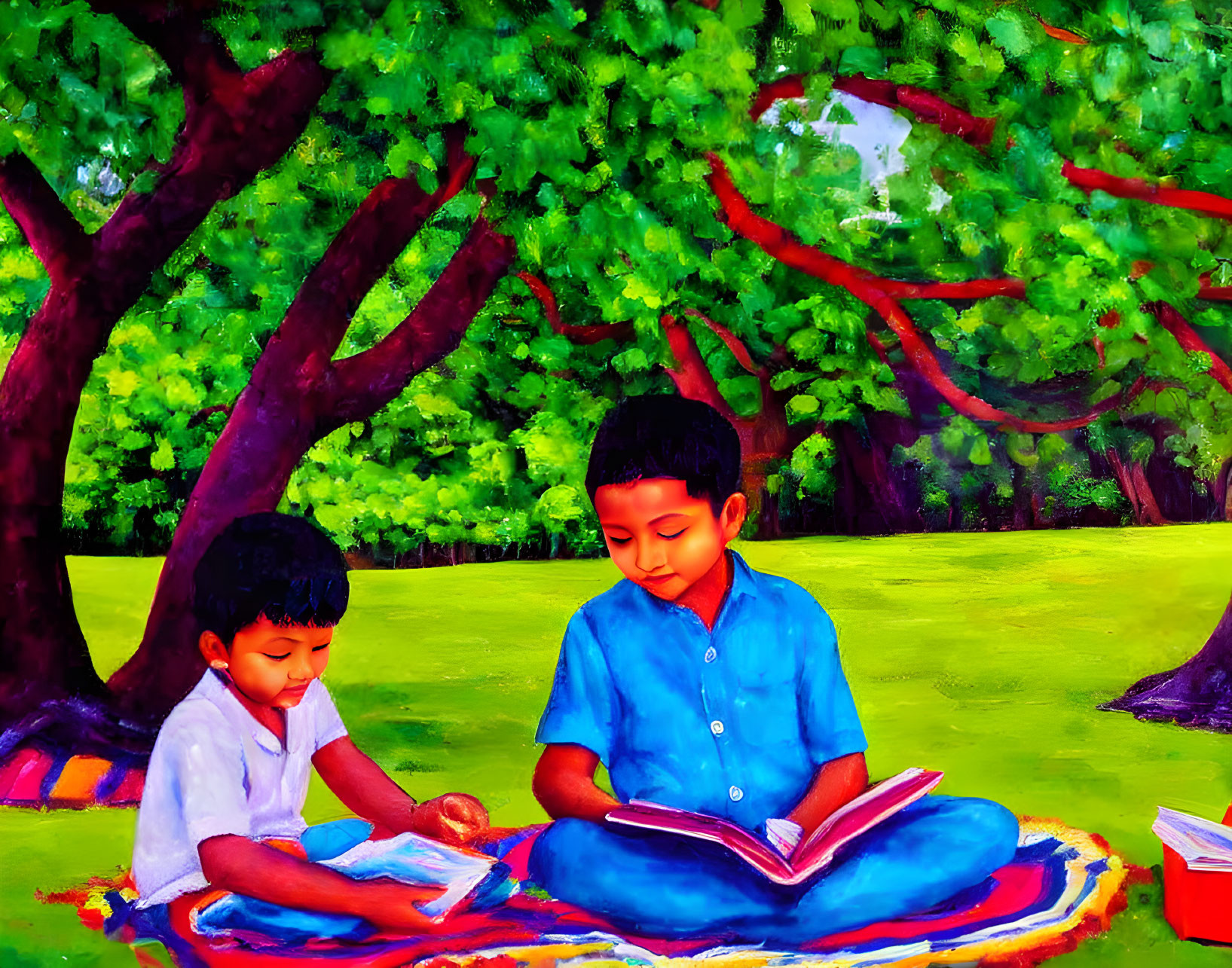 Children reading colorful books under tree in lush green setting