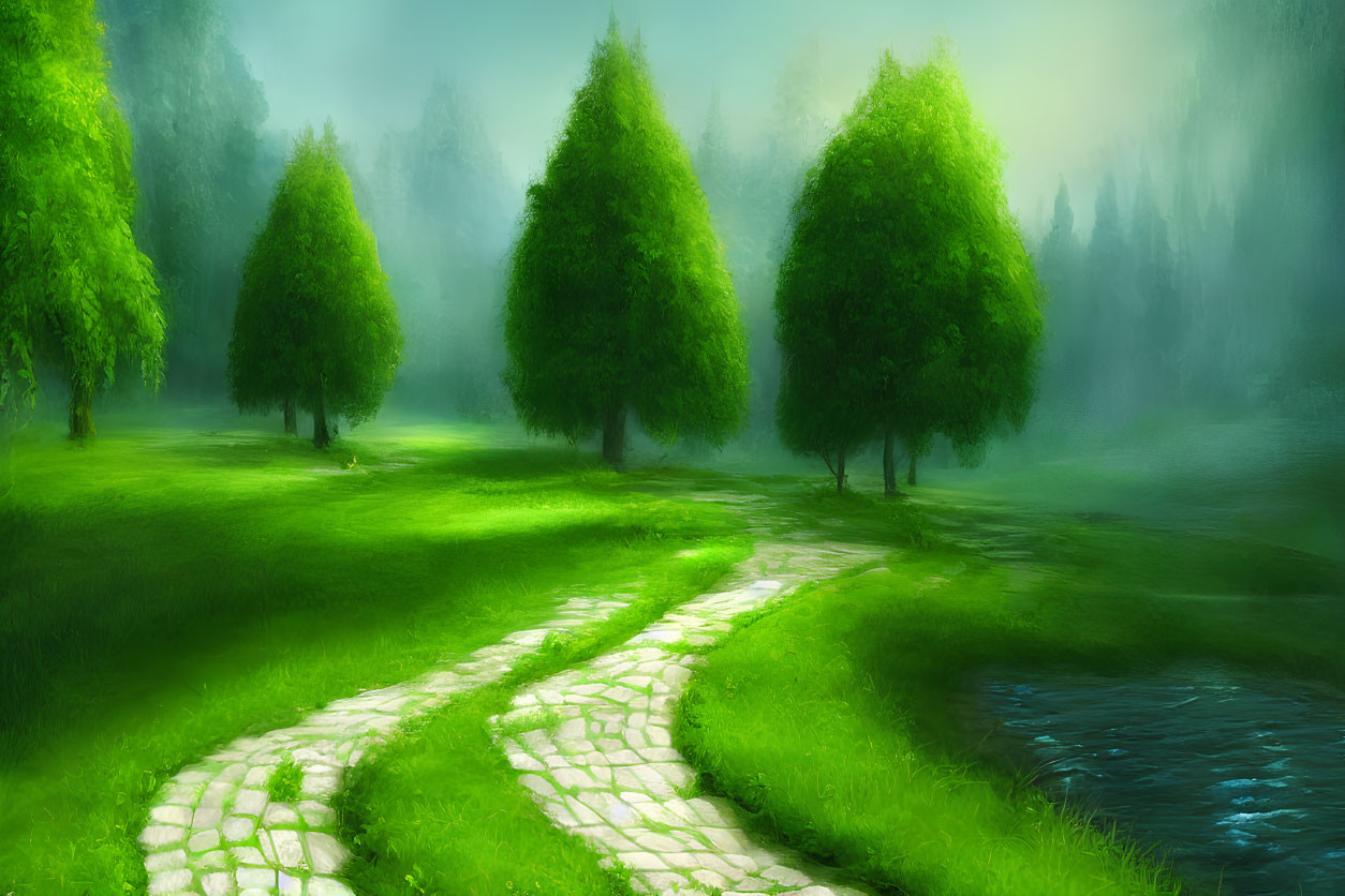 Fantastical landscape with cobblestone path through lush meadow.