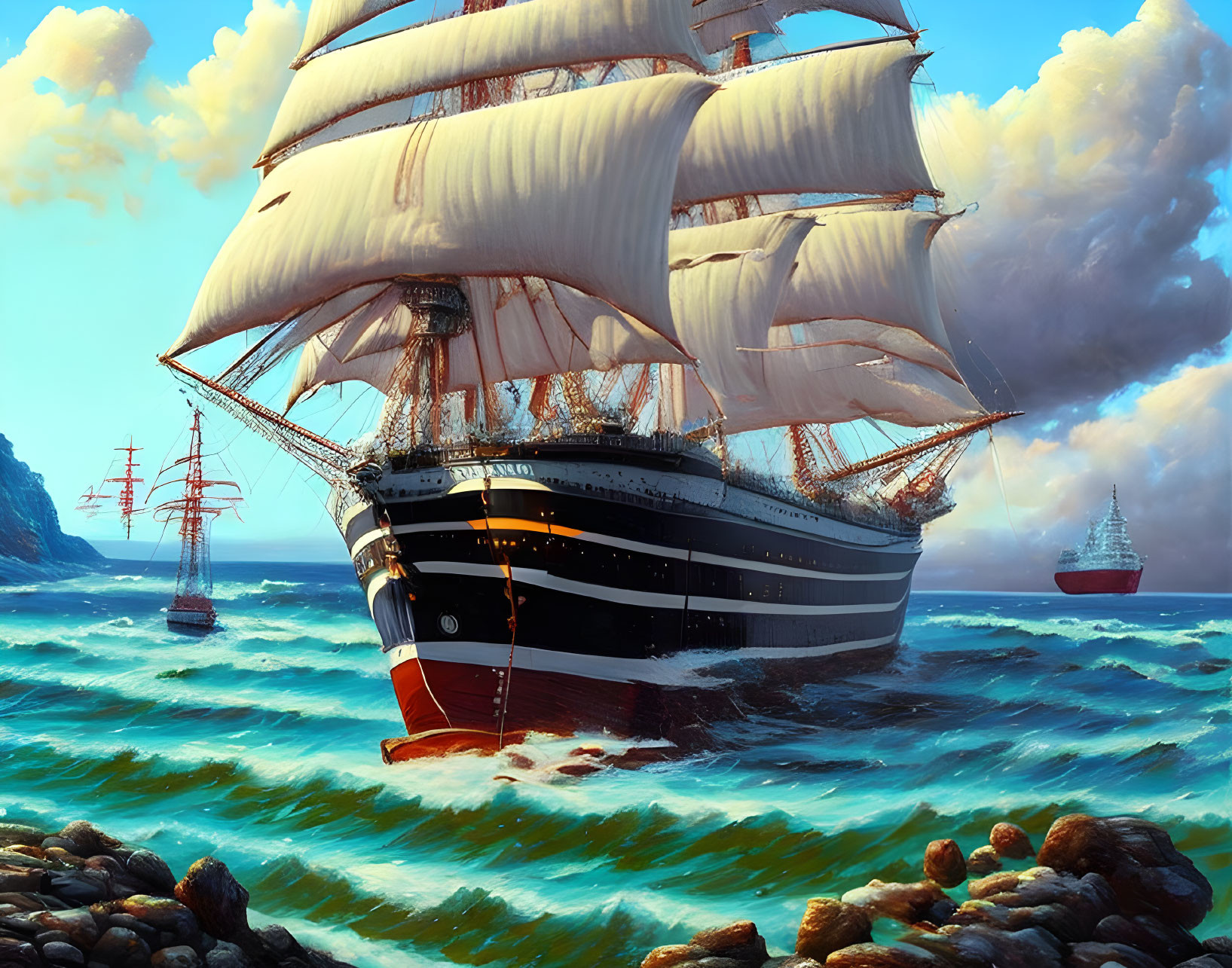 Majestic tall ship sailing turbulent sea with white billowing sails