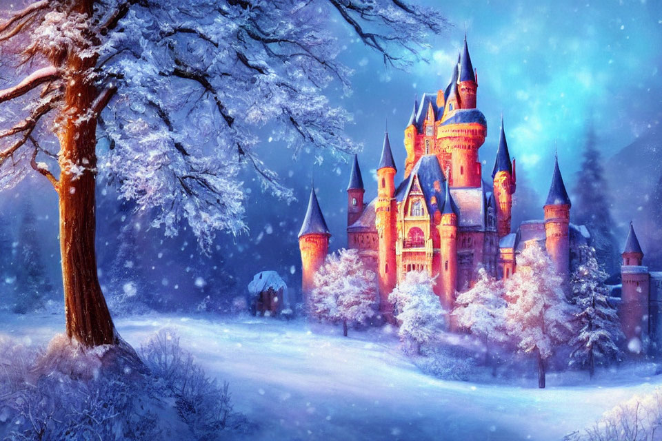 Enchanted castle in snowy landscape with frost-covered trees at twilight