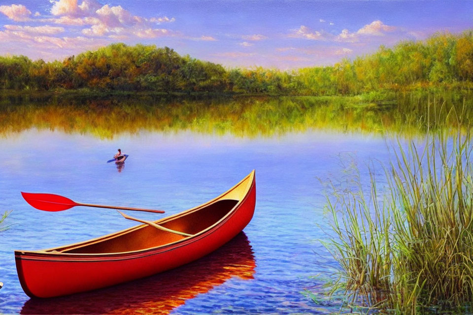 Tranquil lake scene with blue sky, red canoe, duck, and lush greenery