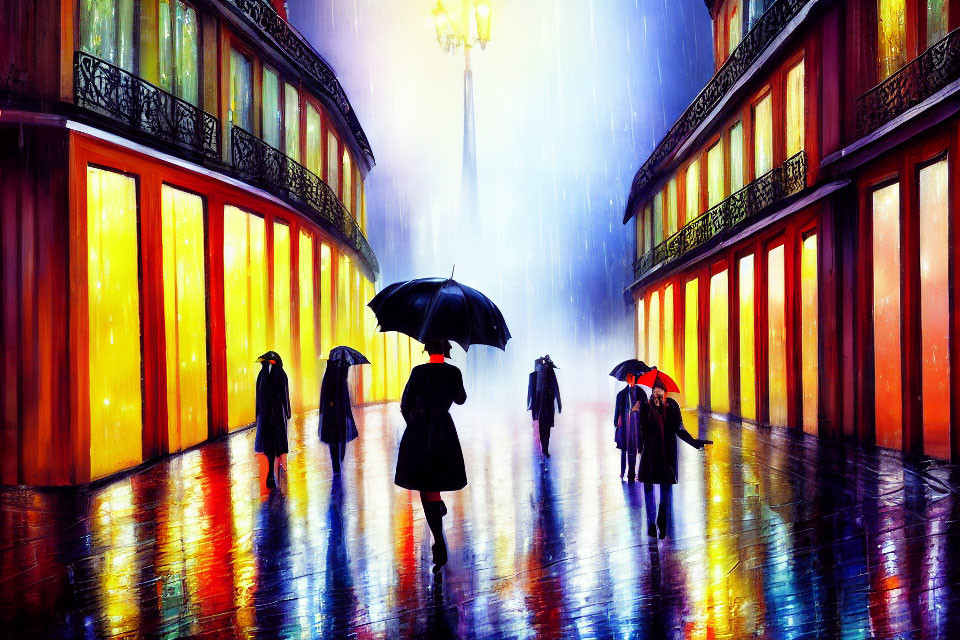 Colorful Rainy Corridor with Umbrella-Carrying People and Reflective Floor